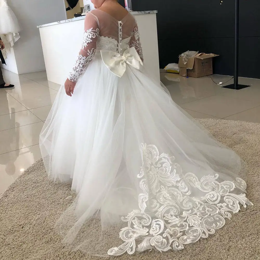 Robe blanche de demoiselle d'honneur pour filles à fleurs robe de bal pour enfants fête de mariage concours première Communion à gros nœud manches longues