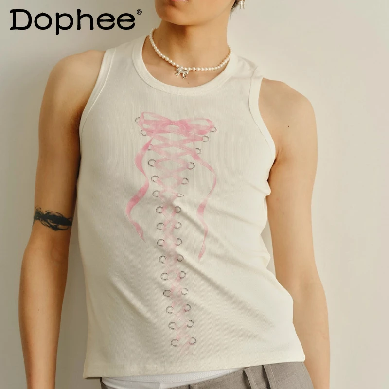 

Men's 2025 Summer New Strap Bow Printed Tops Fashion Sexy Boys Cute Original Elastic Vests Male Sleeveless Round Neck Tank Tops