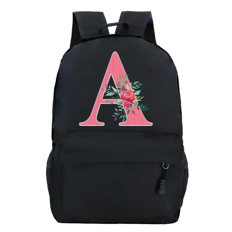 26 Alphabet Pink Floral Backpack for Girl School Bag Teenager Canvas Laptop Back Pack Women Rucksack English Alphabet Backpack