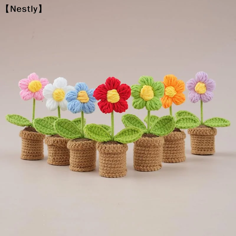 Preciosa Maceta de Flores de Girasol Tejidas a Crochet, Maceta de Flores Tejida a Mano, Regalo para Invitados de Boda, Planta Artificial, Decoración para Coche o Librería〔Nest〕