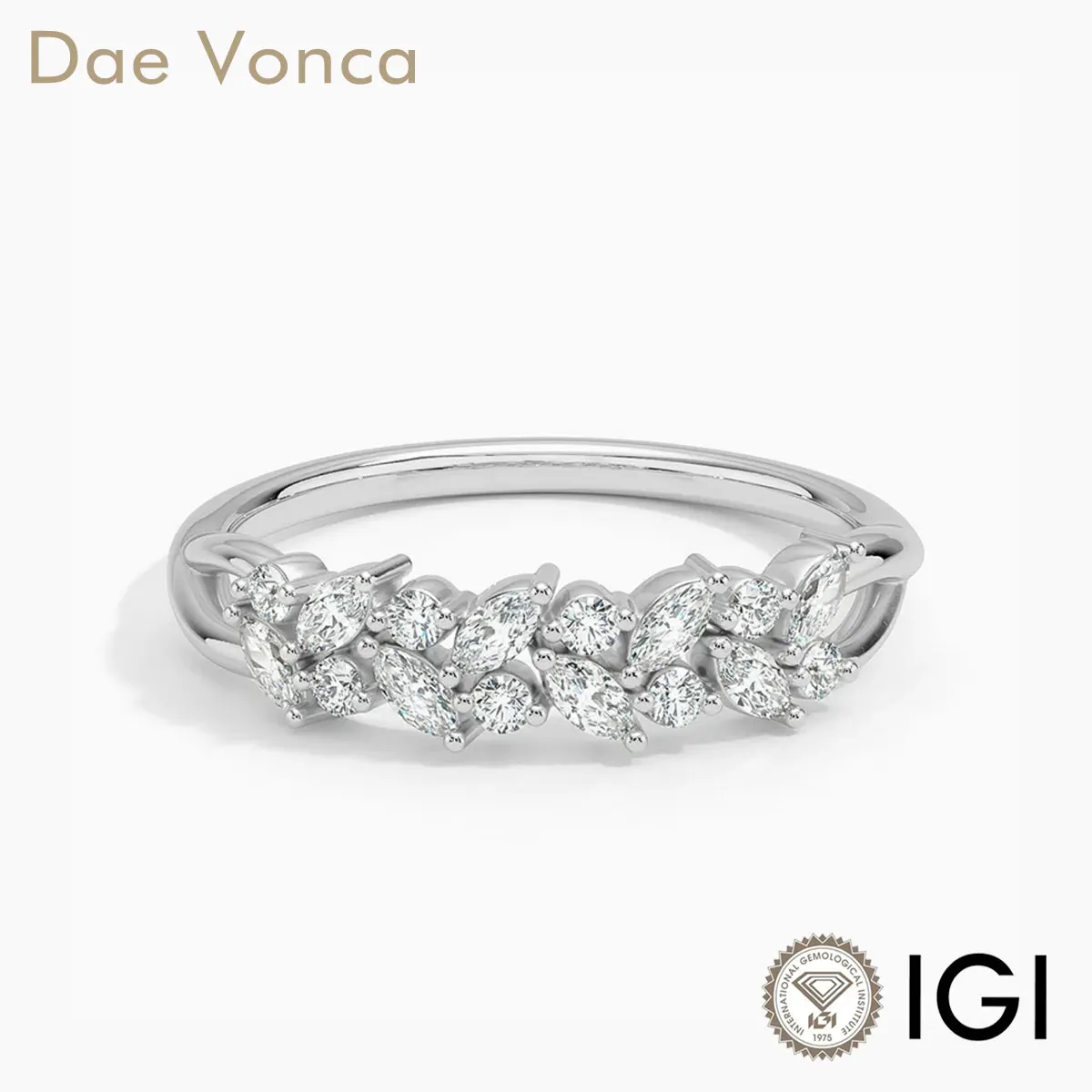 PT950/14K/18K White Gold Delicate Nature Ring Curved Split Round & Marquise Lab Diamond Cluster Crafted as Flowers & Leaves
