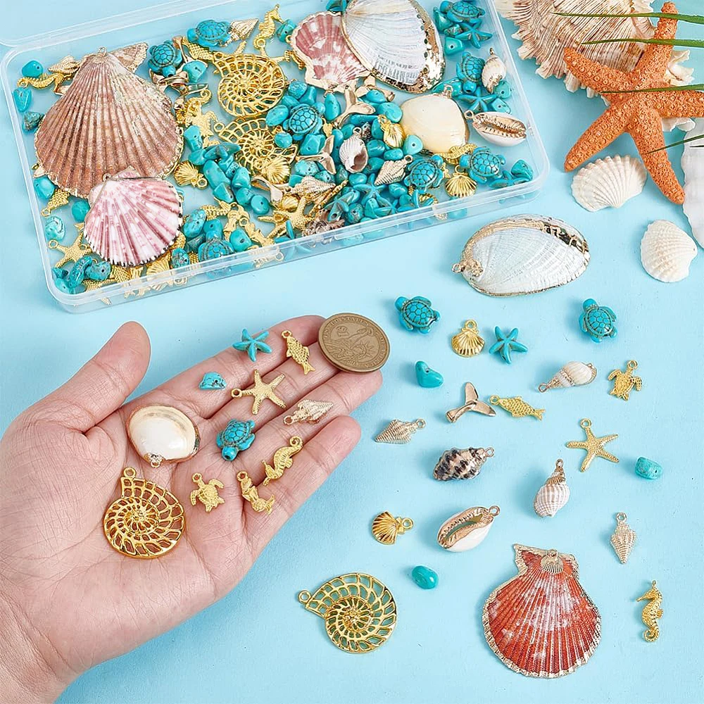 Ocean Bracelet Making Kit Starfish Seashell Turtle Ocean Charms Turquoise Beads for DIY Summer Beach Jewelry Making Necklace
