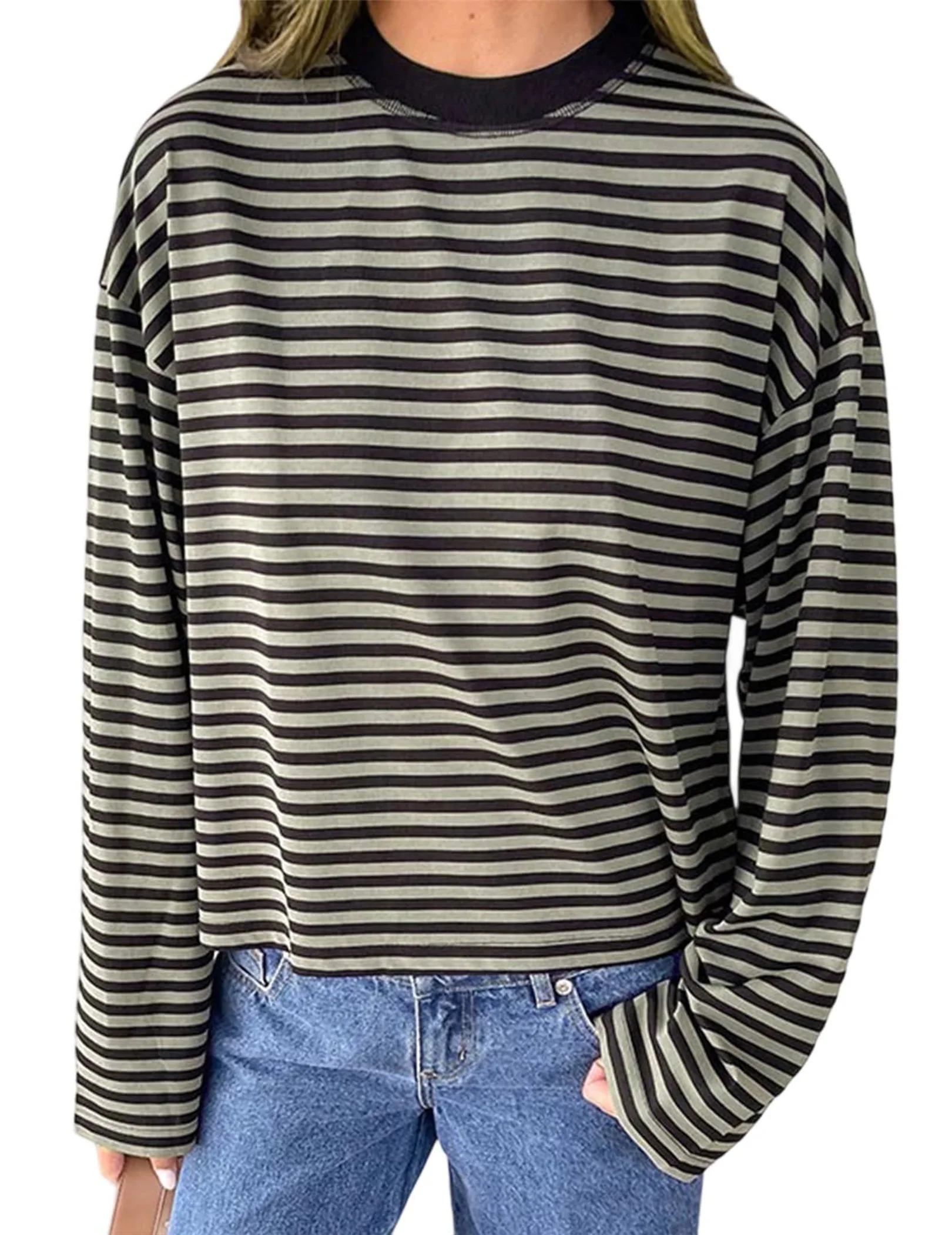 

Striped Preppy Pullover Fall Pullover Tees Girl Aesthetic Fall Outfit (Grey XL)