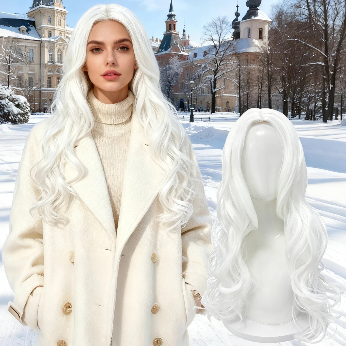 

Белый длинный свободный волнистый парик со средней частью - натуральное синтетическое волокно для косплея, вечеринок и повседневного укладки