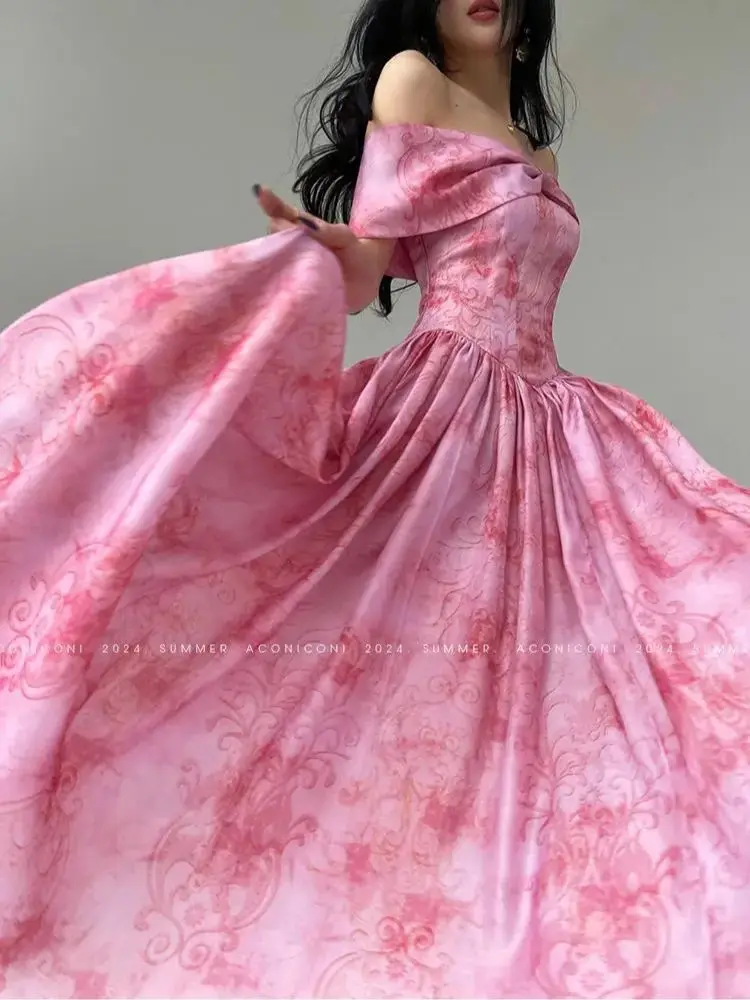 Vestido de um ombro com cintura plissada para as mulheres, vestido high-end, doce, chá break impresso, estilo princesa, emagrecimento com bainha larga, saia longa