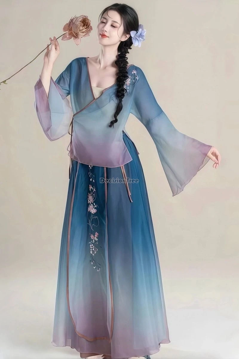 

2025 new chinese-style classical dance costume practice gauze cross collar top trousers set ethnic dance performance costumes