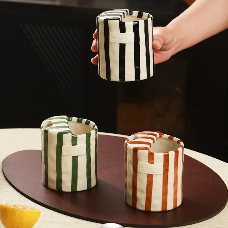 

Vintage Striped Hand-painted Mugs, Creative Ceramic Double-enjoyment Cups, Office Coffee Afternoon Tea and Breakfast Water Cups