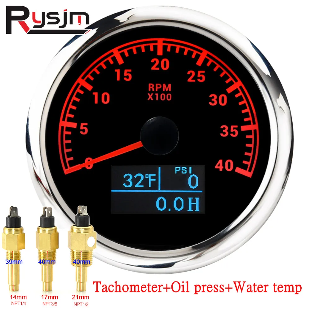 Universal 85mm 3 IN 1 Function Tachometer + Water Temperature + Oil Pressure With LCD Hour Meter Red Backlight Tacho Temp Sensor