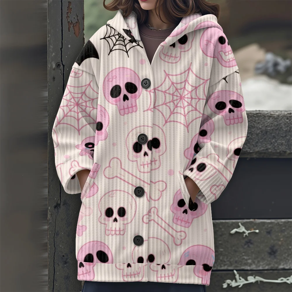 เสื้อสเวตเตอร์ลายฮาโลวีน เสื้อสเวตเตอร์ตัวยาว เสื้อผ้าลำลอง 2025 เสื้อสเวตเตอร์ลำลองผู้หญิงแบบใหม่ เสื้อสเวตเตอร์มีฮู้ดสำหรับงานเทศกาลและปาร์ตี้