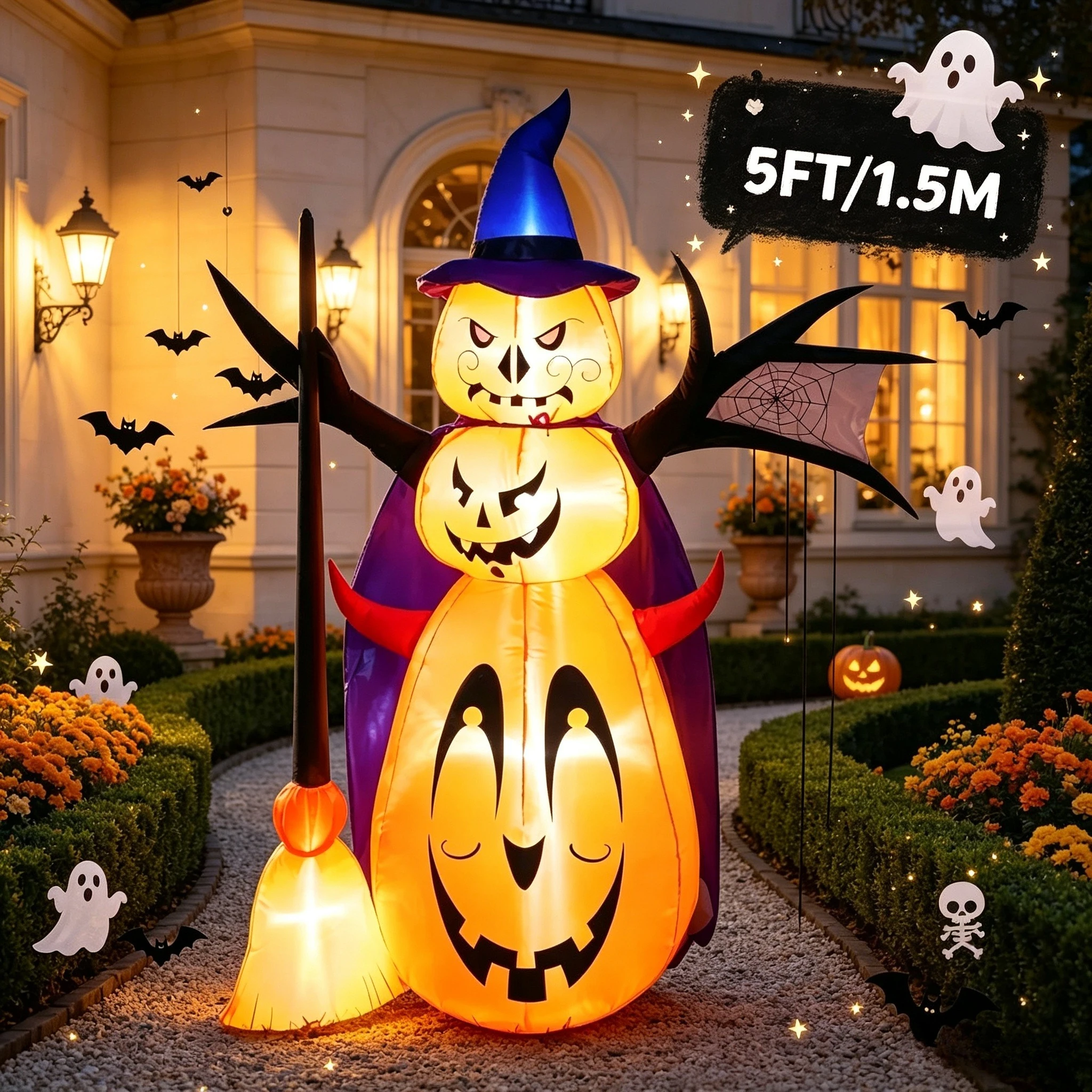 5 Feet Halloween Inflatable Stacked Pumpkin Man with Purple Cloak Decor Spooky Holiday Decoration for Front Porch Lawn Garden
