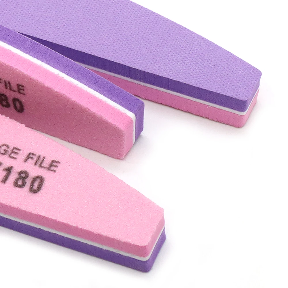 2 Stück waschbare Nagelfeilen, Nagelzubehör, Halbmond-Schwammfeile, Körnung 100/180, Lila, Rosa, zweifarbige Pufferfeile, Nagellack entfernen