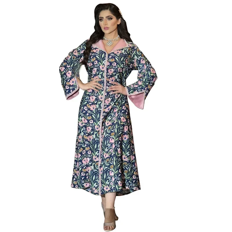 Vestidos de moda musulmana vestido largo estampado Abayas para mujeres cuello vuelto caftán bohemio de primavera Vestidos florales Dubai Abayas
