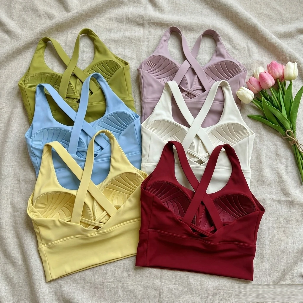Einfarbiger Damen-Fitness-BH, weicher Rücken mit Kreuzmuster, hochfest, stoßfest, Sport-Top mit Brustpolster, Push-up-Yoga-Weste – Detail 6