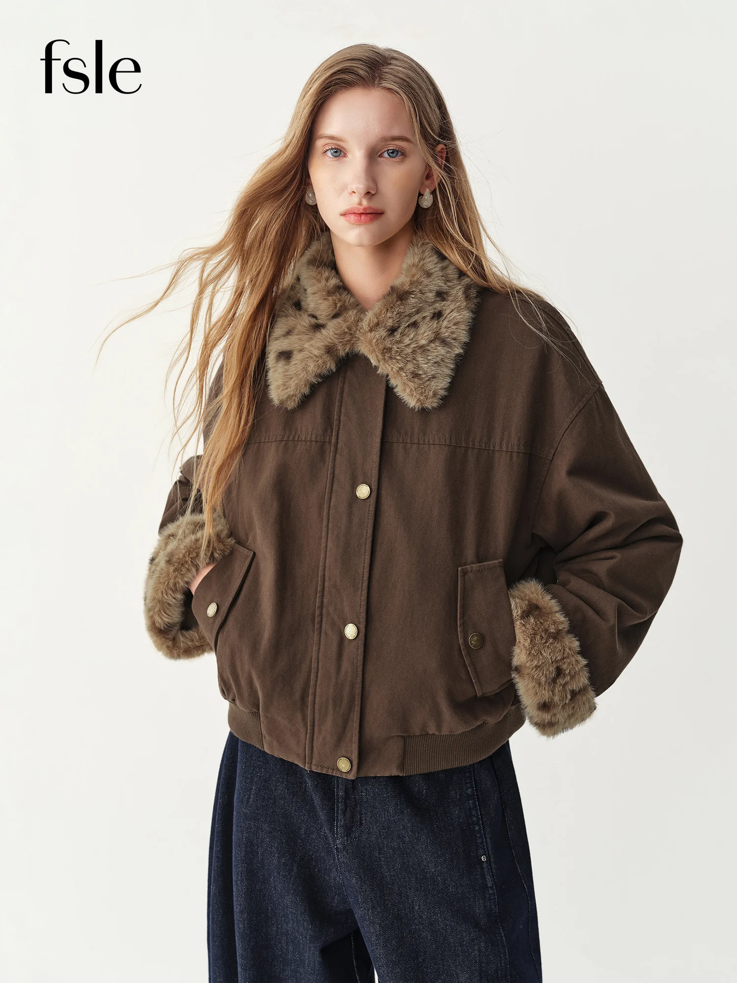 FSLE Winter Women Detachable Faux Fur Collar Short Utility Jacket Pocket Workwear Commute Warm Quilted Cropped Coat Outerwear