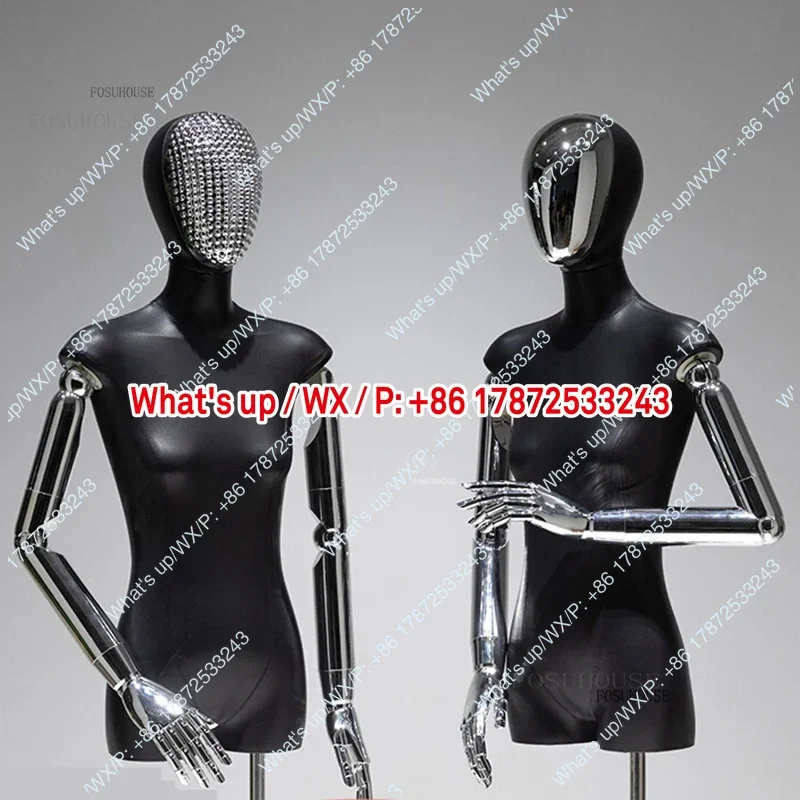 Female PU Black Bust Mannequin with Iron Frame for Clothing Store Electroplated Head And Hands Window Display Stand