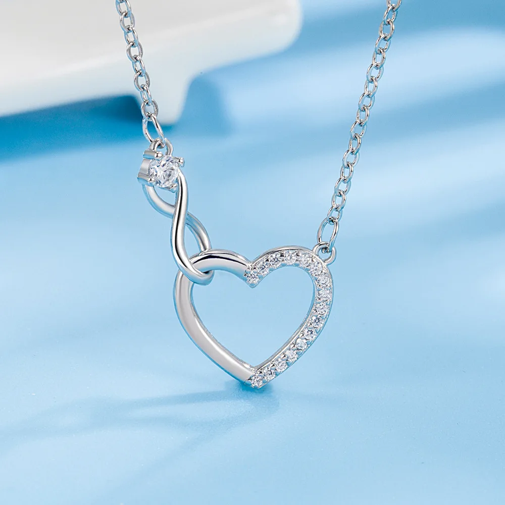 925 Sterling Silver Zircon Heart Interlocking Necklaces For Women Luxury Quality Jewelry Gift Female