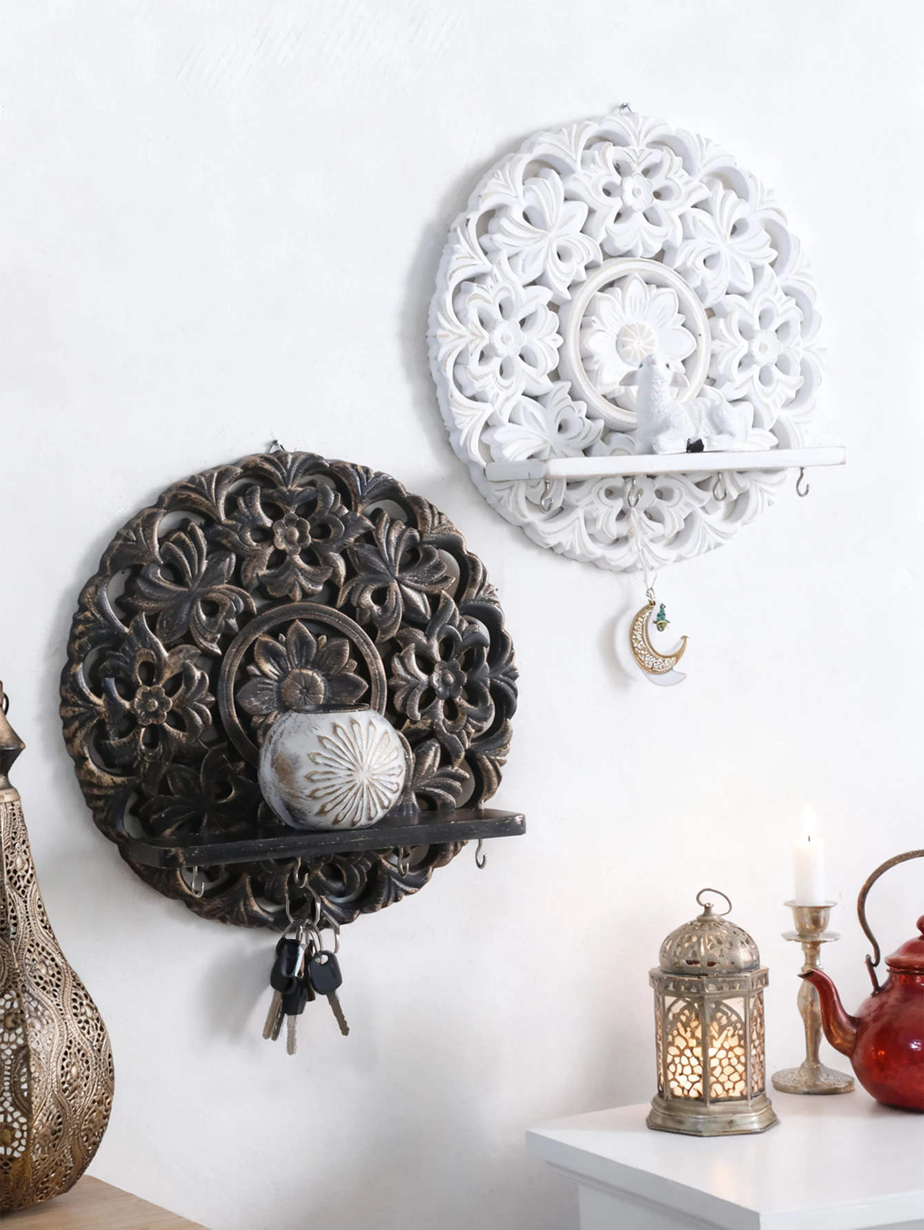Boho Wooden Wall Shelves, White & Brown Floral Carved Design, Decorative Hanging Shelf with Hooks for Entryway & Home Wall Decor view 2