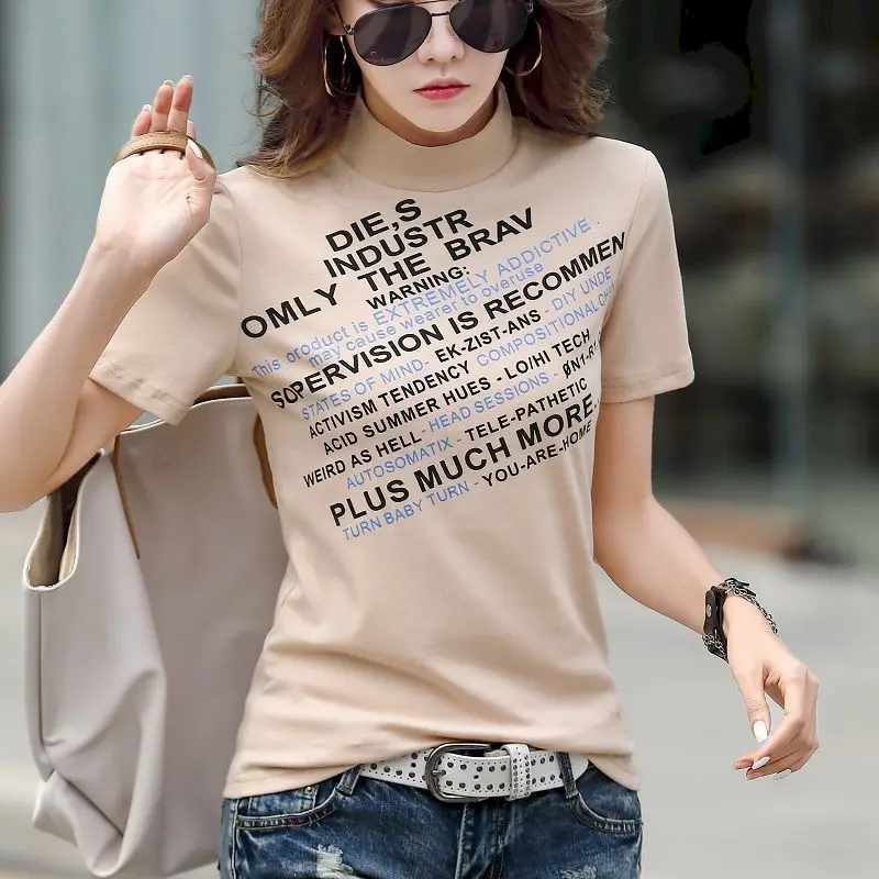 Thun Nữ Áo Sơ Mi Nửa Cao Cổ Áo Thun Nữ Tay Ngắn Cotton Mùa Hè Hợp Thời Trang Cao Cấp Phong Cách Hàn Quốc Ôm Cổ Tròn In Hình Bảng Chữ Cái Áo Thun Nữ