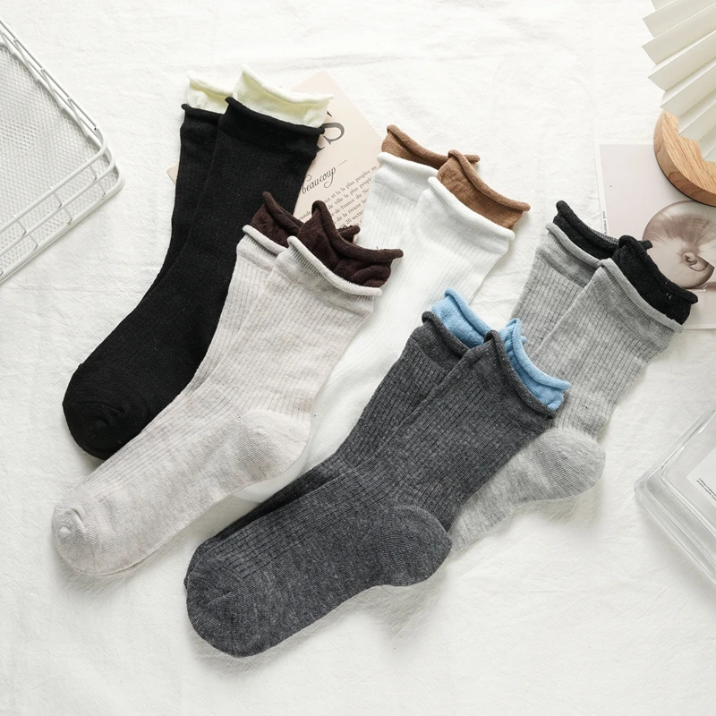Women\'s Socks New Simple Solid Color Breathable Fake Two Pieces Fashoin Cotton Socks Striped Comfortable Autumn Middle Tube Sock