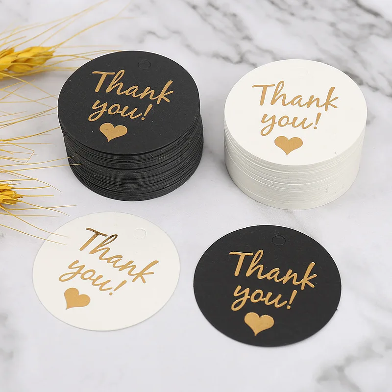 Etiquetas de tarjetas de papel de agradecimiento con estampado dorado, 50-100 piezas, negro, blanco, hecho a mano, embalaje de joyería DIY, venta al
