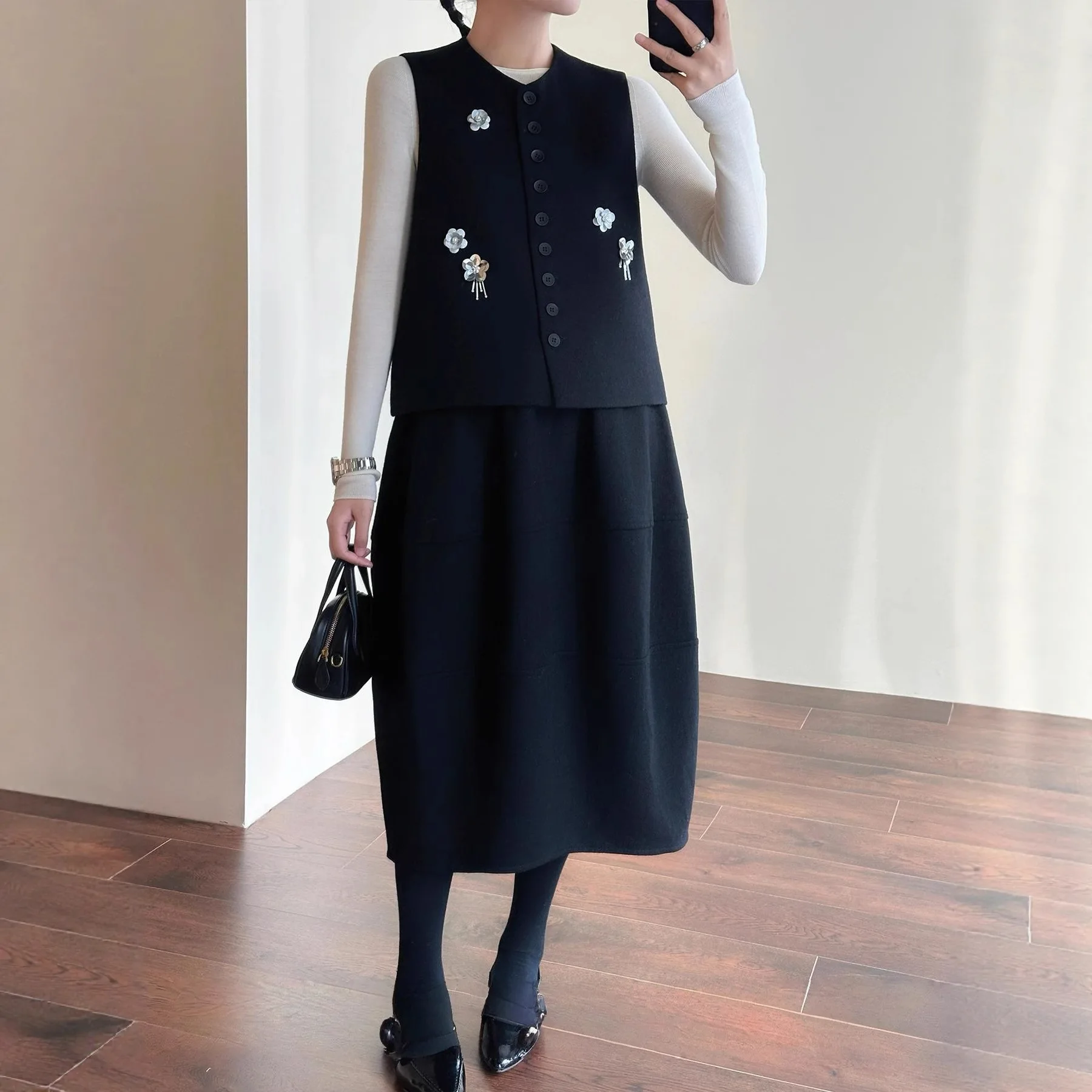 

Шерстяной комплект жилета и юбки с 3D блестками и цветочным принтом для офиса, женский комплект из двух предметов, подчеркивающий фигуру