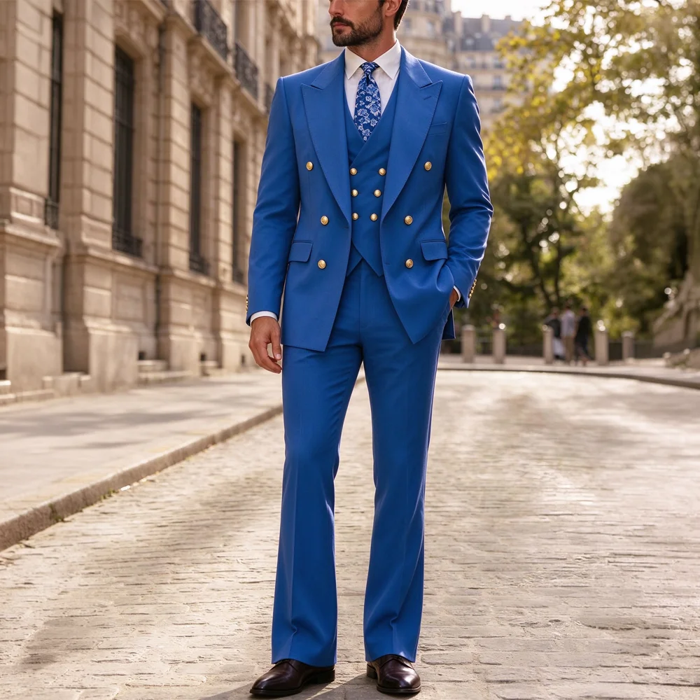 Elegant Men's 3-Piece Suit: Double-Breasted Blazer, Groom's Wedding Tuxedo, Slim-Fit & Tailor-Made (Jacket, Trousers, and Vest)