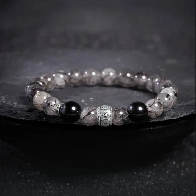 

Natural Obsidian Black Quartz Rutilated Beaded Strand Bracelets Men 925 Silver Simple Trendy Stackbale Bracelet Male Party Gift