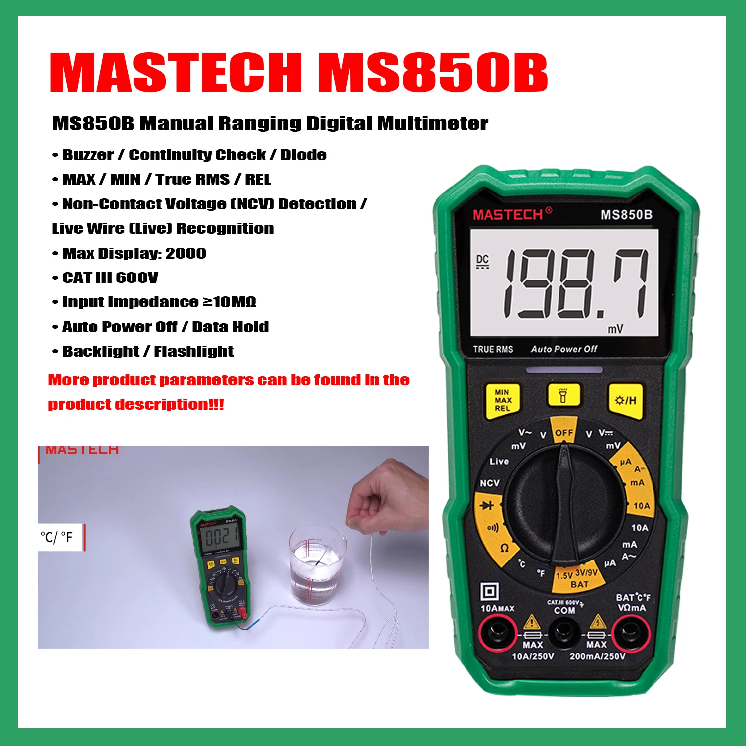 Imagem -02 - Mastech-medidor Multímetro Digital Auto ac dc Votage Tester Ohm Amperímetro Atual Ferramenta Detector True Rms Ms850a Ms850b Ms830c Ms830d