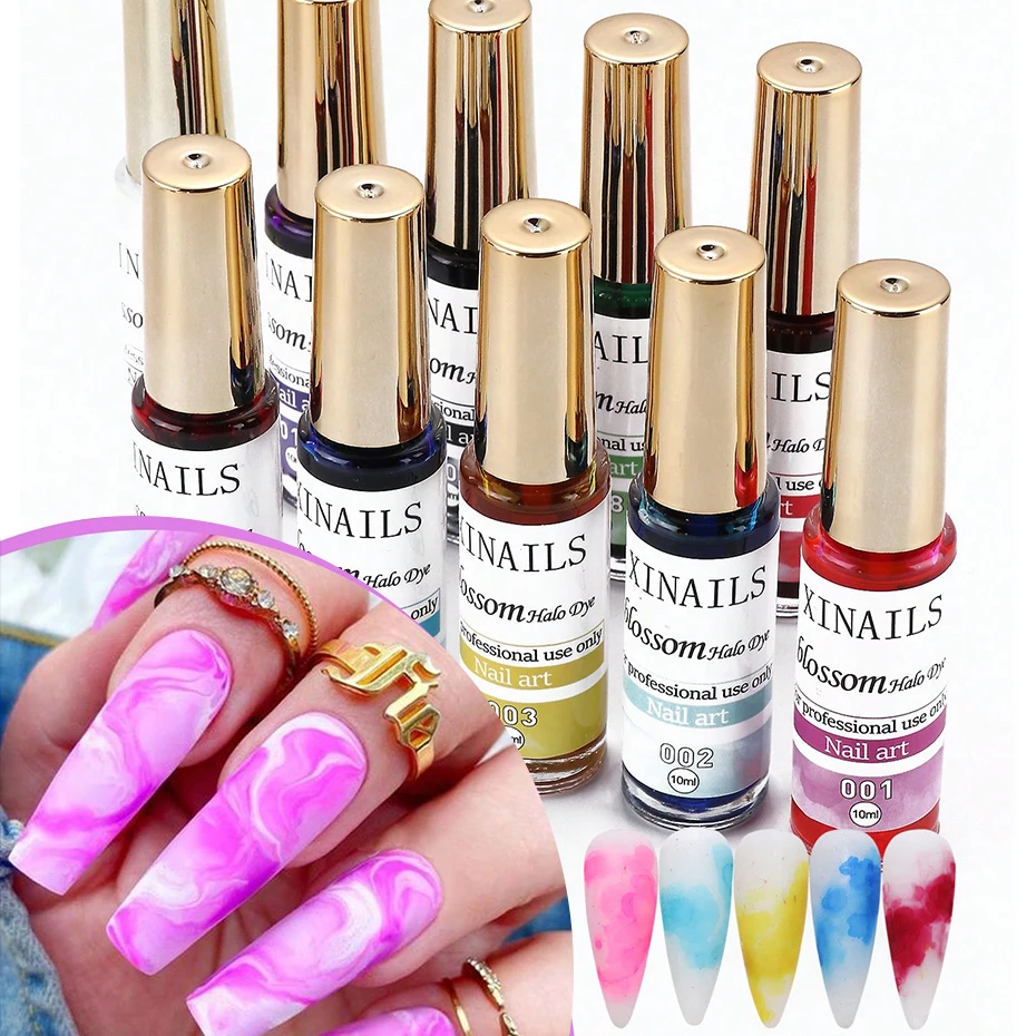 10 Bottle Blooming Watercolor Ink Nail Polish Kits 10ml Blossom Gradient Nail Liquid Soak Off Colorful Smudge Bubble Gel Varnish