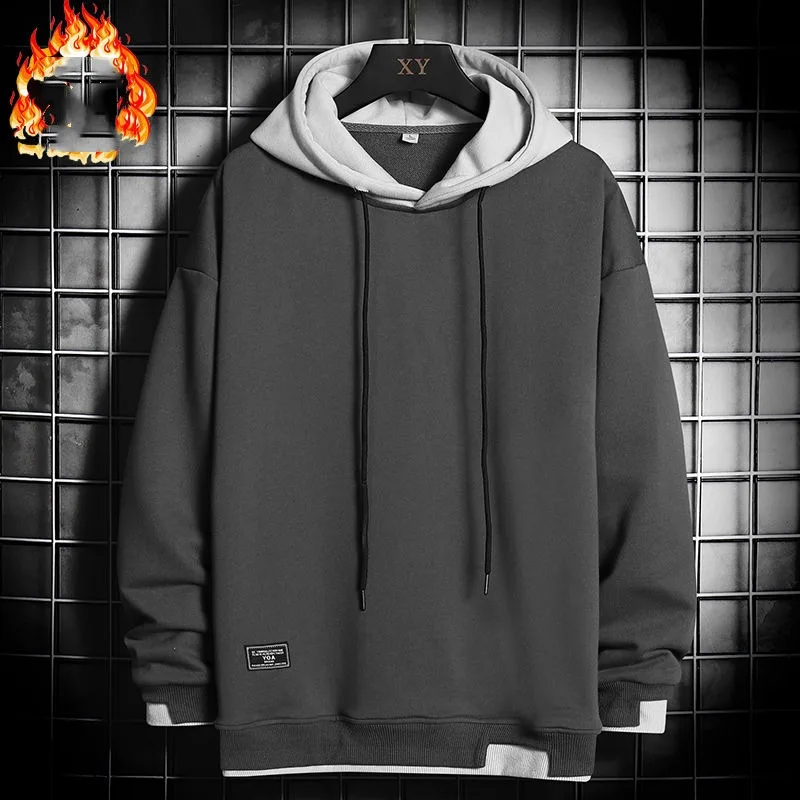 Fake Two-piece Hoodie Men's Autumn Winter New Youth Trend Hooded Drawstring Solid Color Long Sleeve Pullover Patchwork Slim Tops