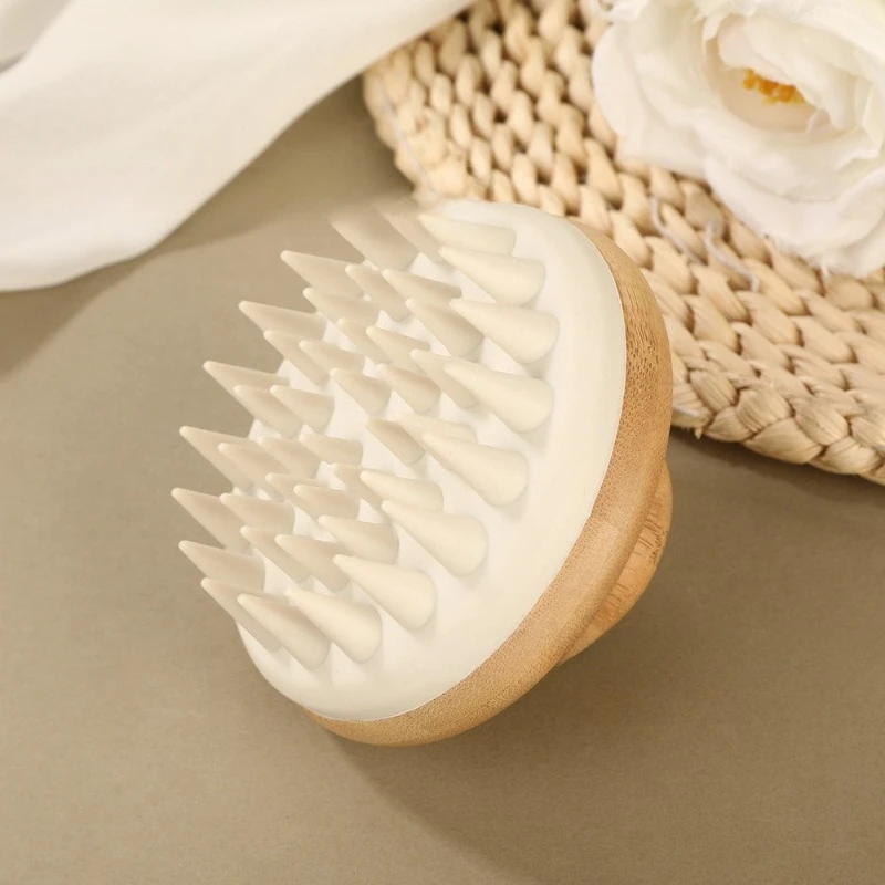 Bamboo Silicone Scalp Massage Brush Home Use Dandruff Removal Conical Bristles Scalp Cleansing Tool