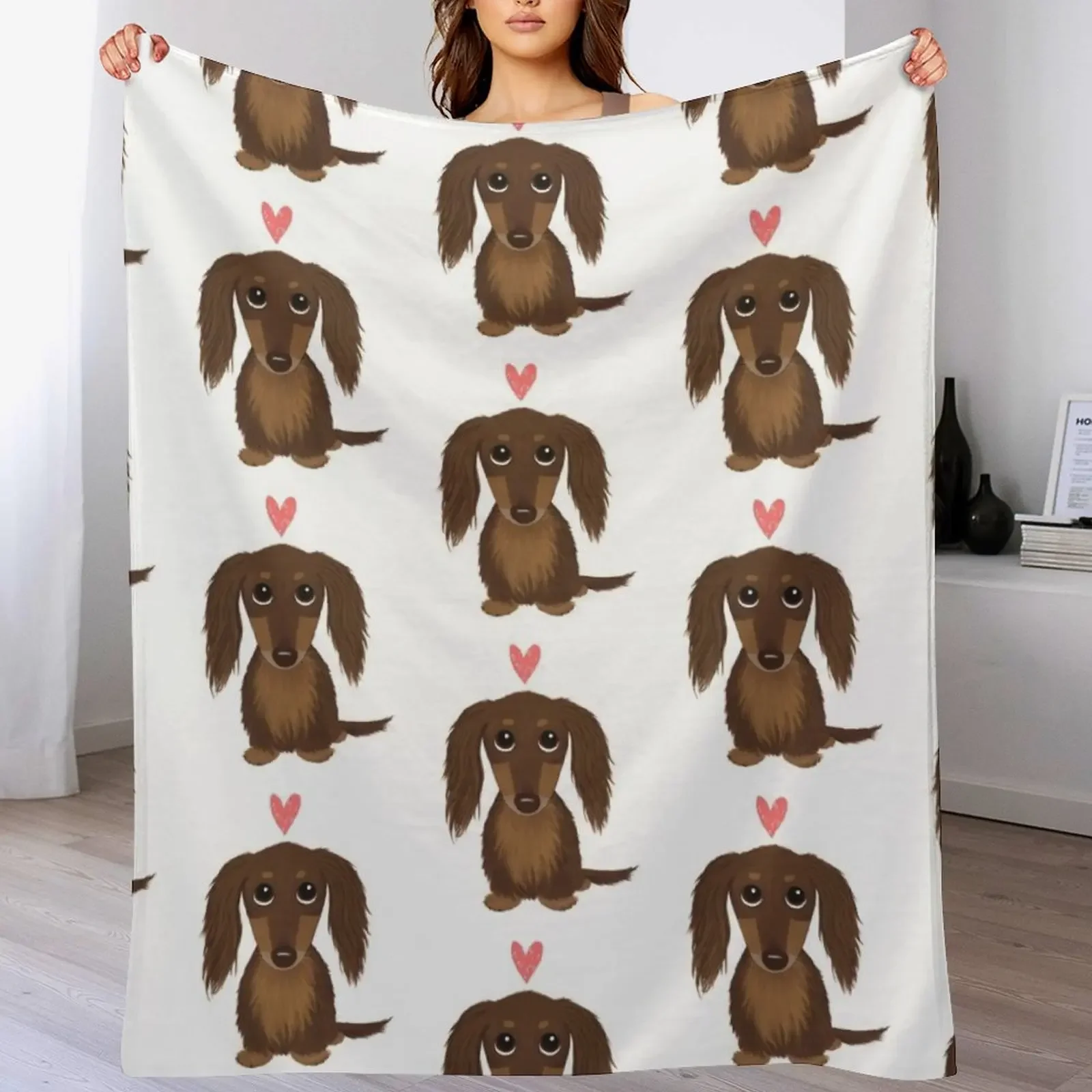 Longhaired Chocolate Dachshund | Cute Wiener Dog with Heart Throw Blanket Custom Decorative Sofa warm winter Blankets