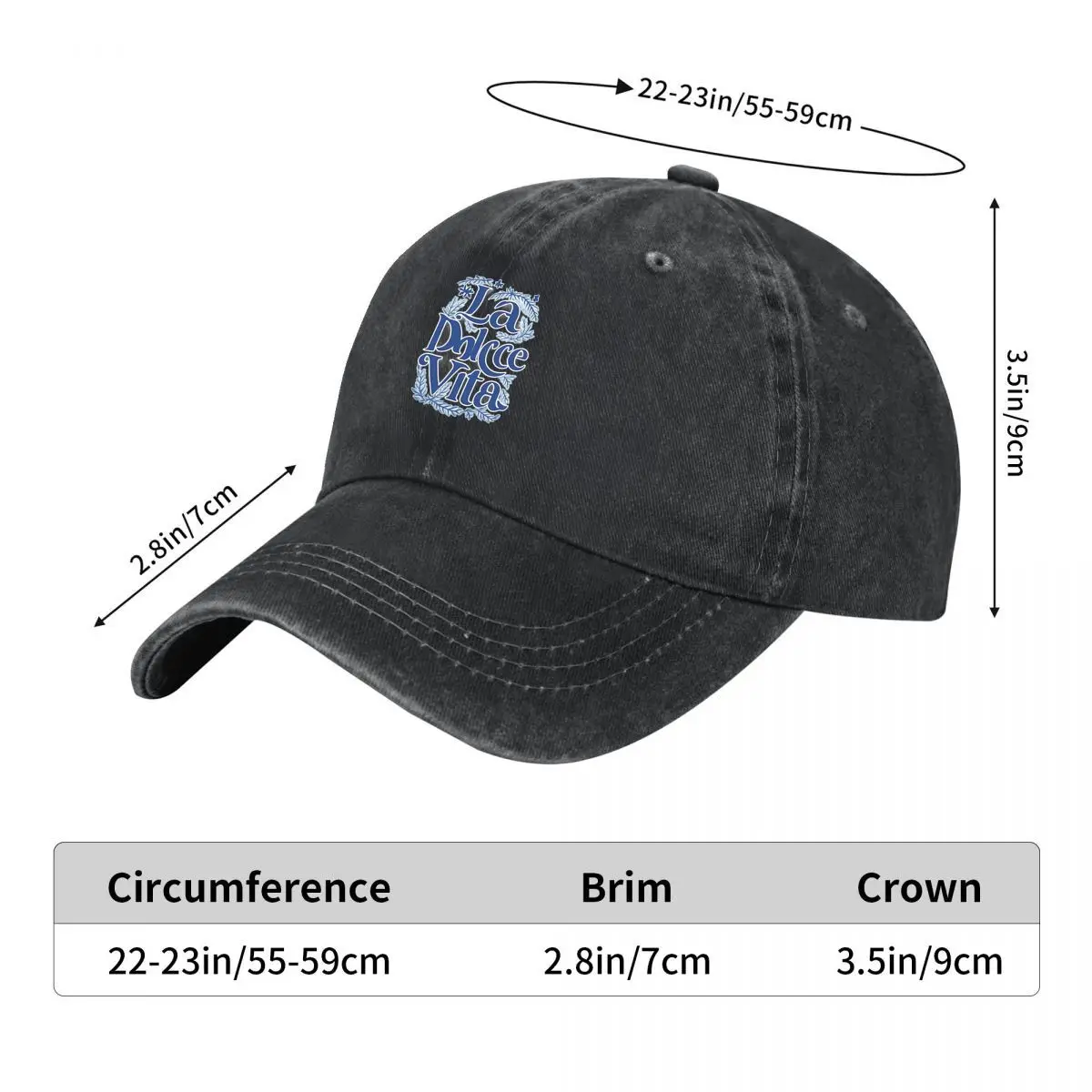 La Dolce Vita Blue Botanical Leaves Stars Typography Washed Baseball Cap Outdoor Hat