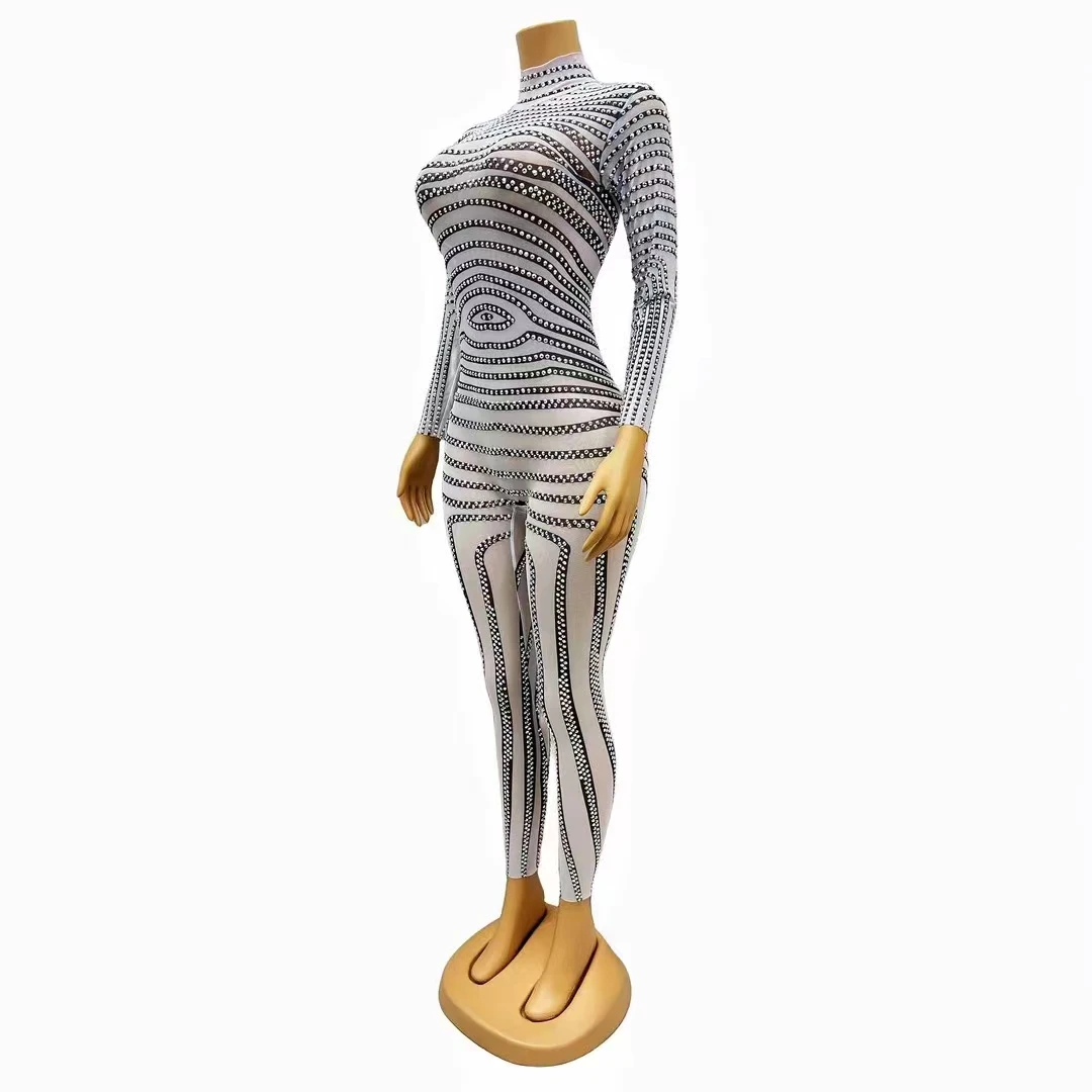 Black White Strips Rhinestones Jumpsuit Women Transparent Mesh Long Sleeve Stretch Tight Bodysuit Costume Birthday Party  Outfit