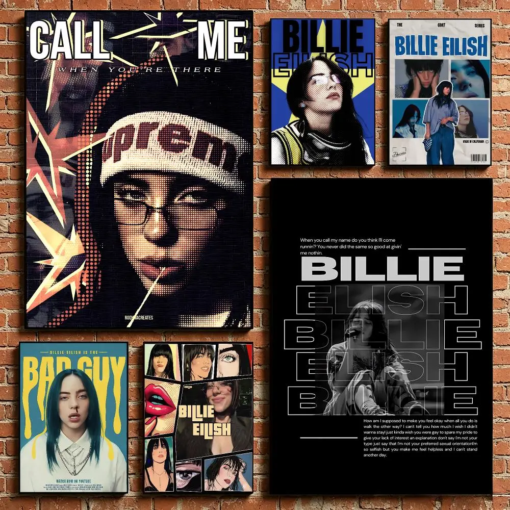Hot B-Billie Eilish Singer Poster HD Self‑Adhesive Art Print Home Wall Ornament for Clubs Cafe and Living Room Decoration