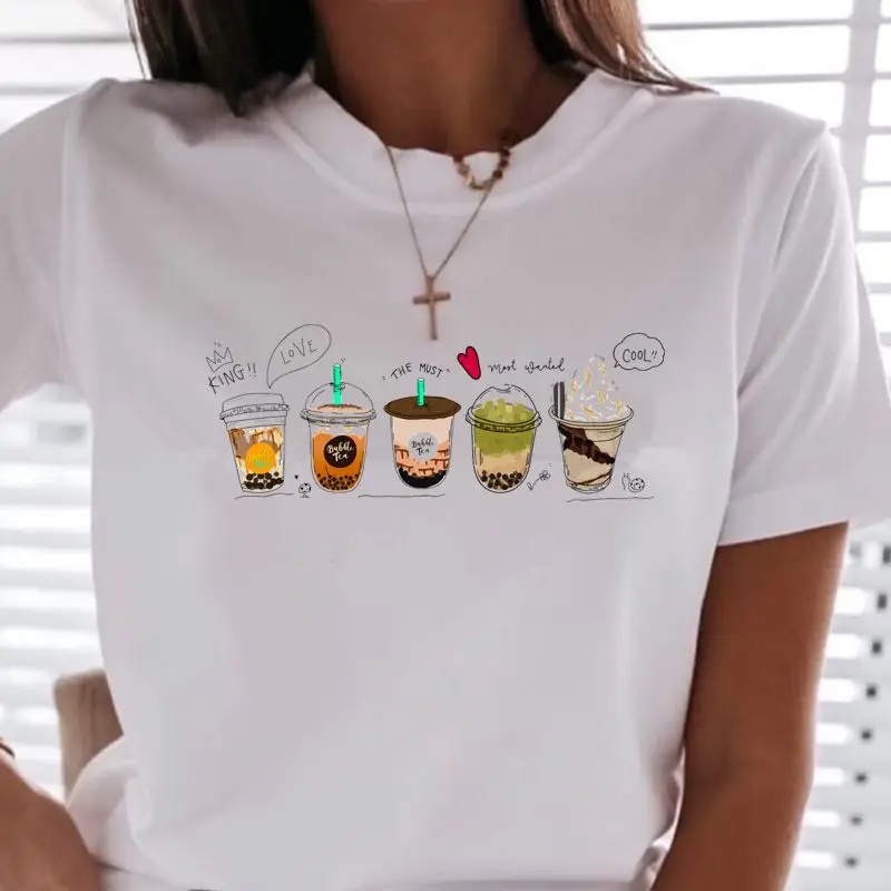 Coffee ,Milk tea ,Ice cream Funny Print Women t shirt Summer Casual Oversized t-shirt Girls Tshirt Basic hedging Round