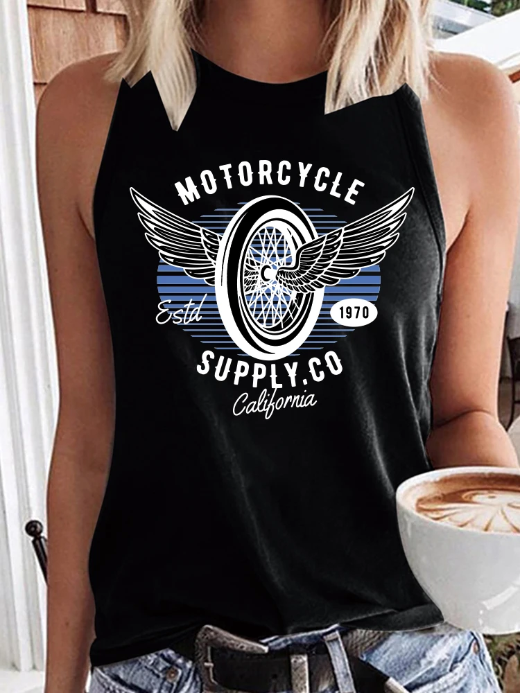 

Seeyoushy Motorcycle Print Vintage T Shirt Women 90's Girls Sleeveless T Shirt O-Neck Summer Graphic TShirts Ladies Top Harajuku