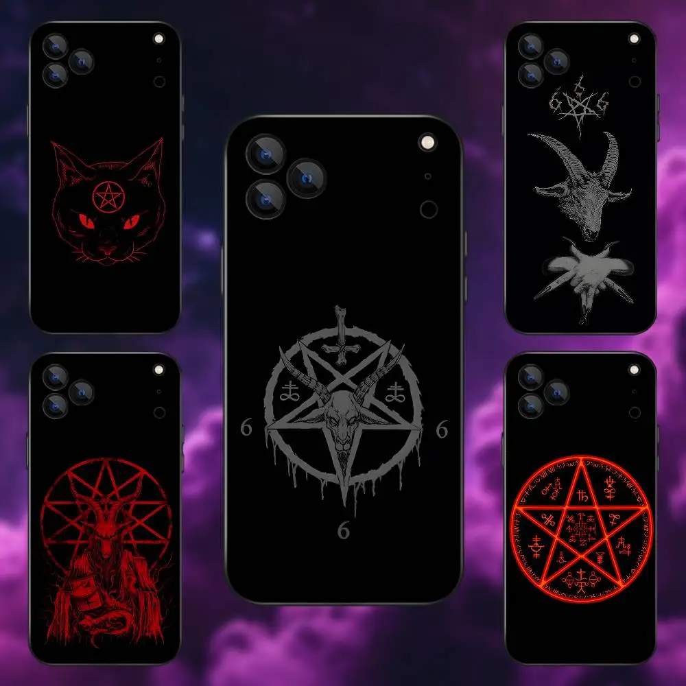 Custodia per telefono satanica demoniaca Pentagram 666 per iPhone 17,16,15,14,13,12,Pro,Max,Plus,E,SE4,Air,Mini scatola morbida nera