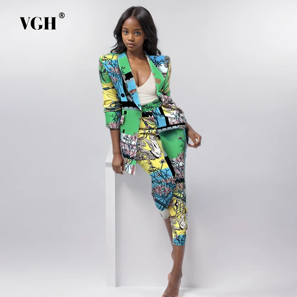 

VGH Hit Color Two Piece Set For Women Notched Collar Long Sleeve Patchwork Button Blazers High Waist Pants Printing Sets Female