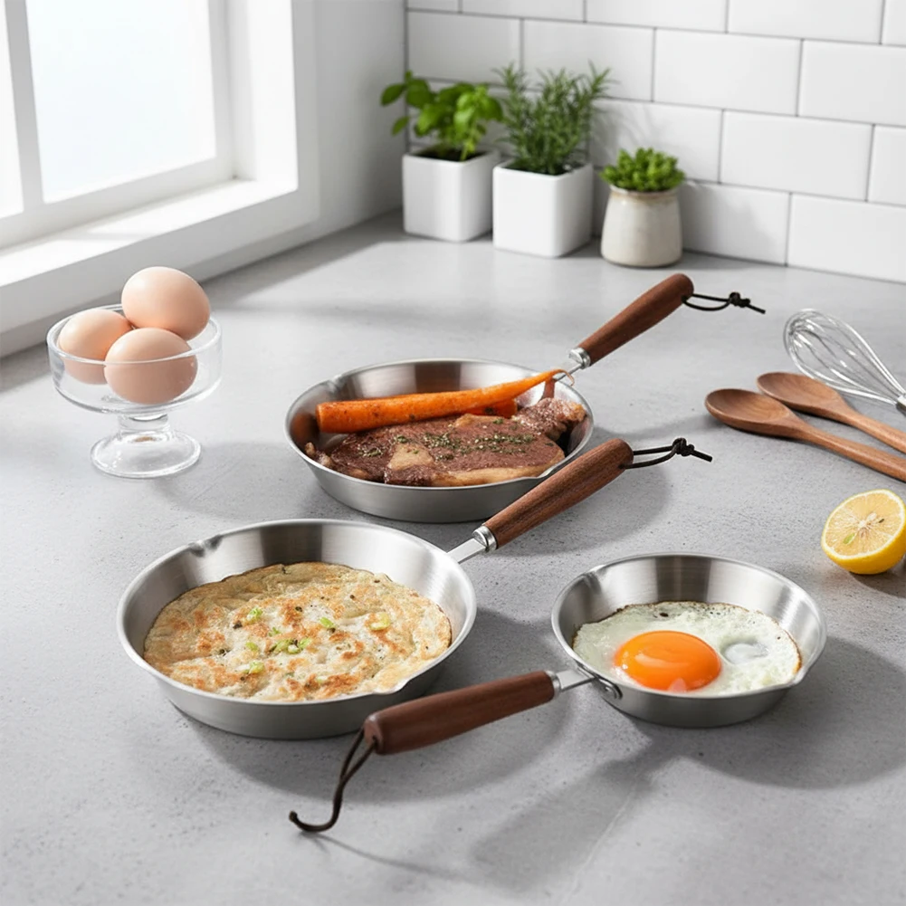 

Stainless Steel Fry Pan With Wooden Handle Kitchen Cookware Egg Frying Pan Butter Warmer Nonstick Pot For All Stovetops