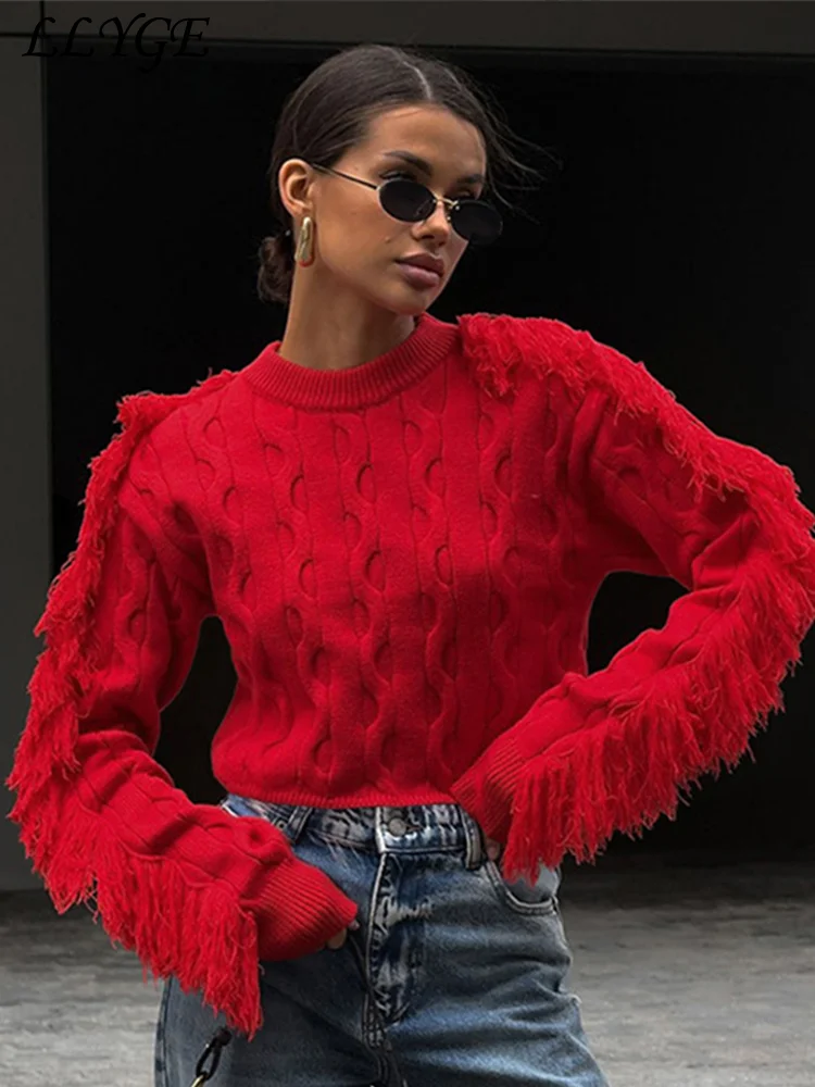 Street Knit Tassel Short Pullover Women Solid O Neck Long Sleeve Female Sweaters 2024 Autumn Lady Fashion All-match Knitwear