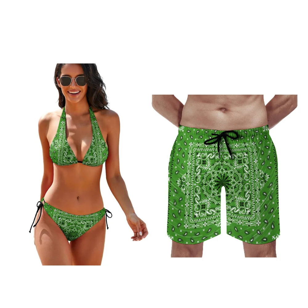 

Полинезийский всесезонный комплект, настраиваемые женские бикини, мужские плавки, тропический побег, прибрежный праздничный шик