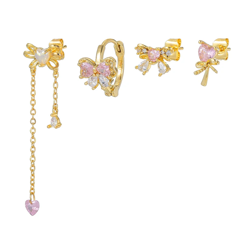 

Exquisite Gold Plated Heart Dangle Earrings for Women Pink CZ Zirconia Piercing Bowknot Stud Earrings Set Woman Fashion Jewelry