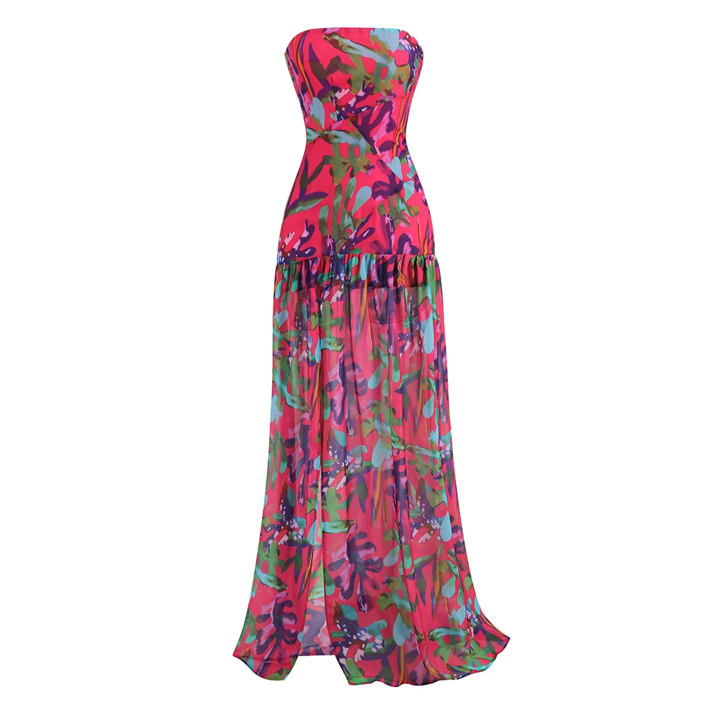 

Women's Summer New Fashion Print Sexy Waist Chest Wrap Slit Floor-Length Dress Luxurious Elegant Party Holiday Evening Dress