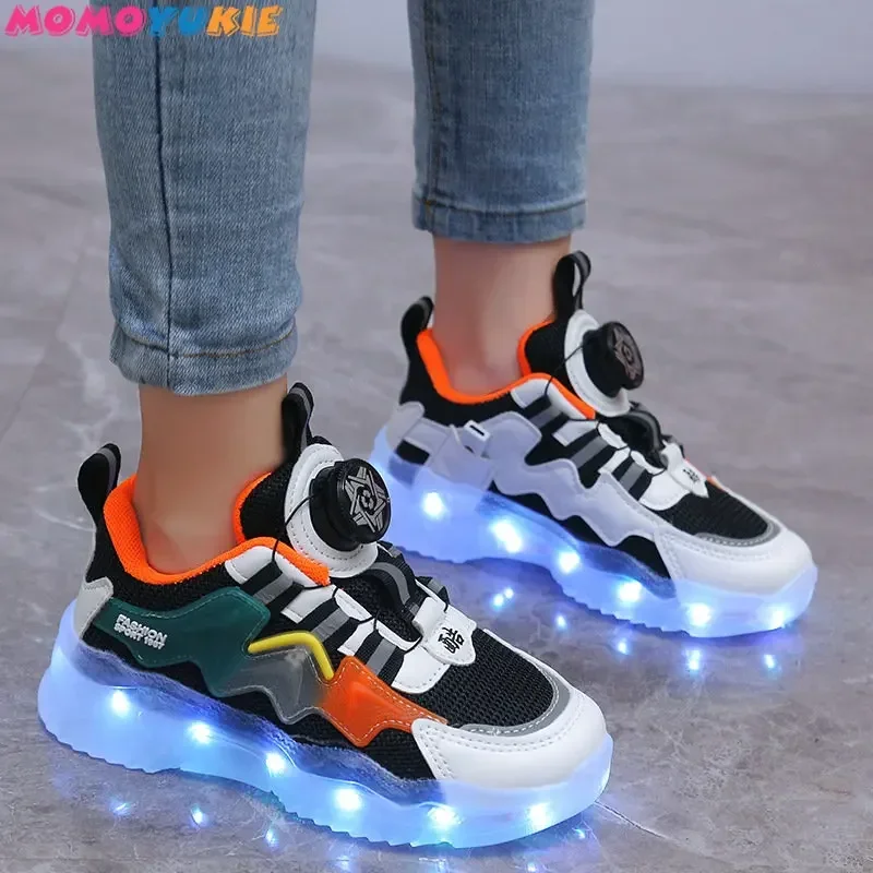 Rotating Button Luminous Sneakers Men\'s Girls Colorful Soles Usb Rechargeable Fashion Breathable Children\'s Luminous Sneakers