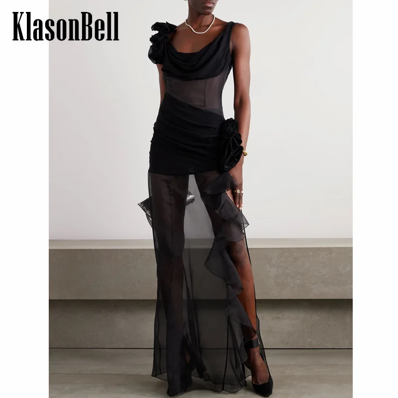 

7.29 KlasonBell Women Temperament 3D Flower Decoration Banquet Evening Dress Black Sexy Sheer U-Neck Suspender Split Maxi Dress