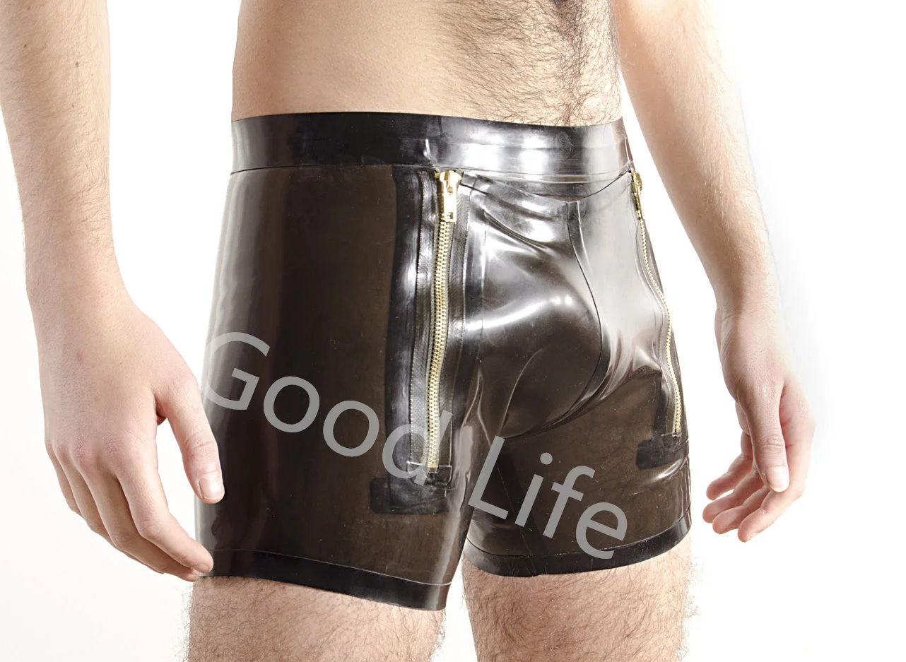 

Handmade Natural Latex Male underwear close fitting Boxer shorts Men Short Pants Cosplay Costume two zippers