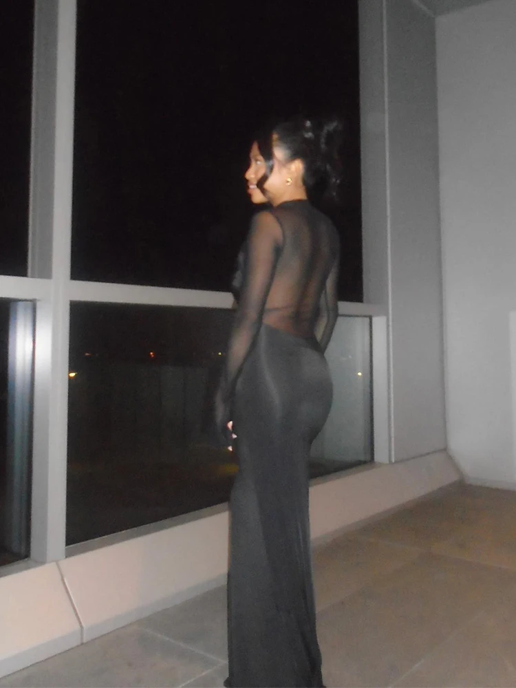 セクシーなシャーリングメッシュマキシドレス レディース シースルー パッチワーク 長袖 スリム ロングドレス 女性 パーティー クラブウェア プロム 2025 新作