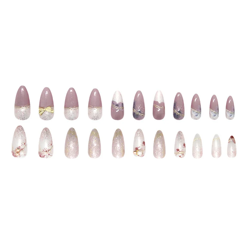 24 個エレガントなライトパープル付け爪光沢のあるアーモンド光沢のあるゴールドスパンコール春の花のデザインプレス爪フレンチマニキュア
