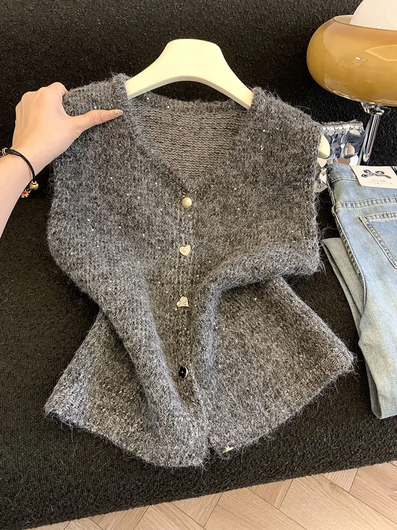 

Faionable Glitter Knitted Vest Women's Spring Layering ort Size Sweet Sle High Waist Button Casual No Sve V-Ne